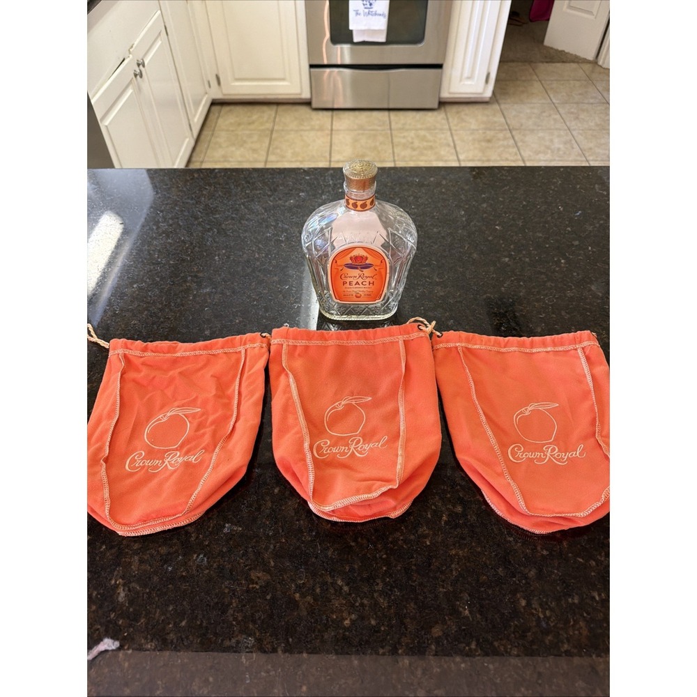 Crown Royal Peach Empty Bottle And 3 Peach Bags 750mL Barware Decor Whiskey